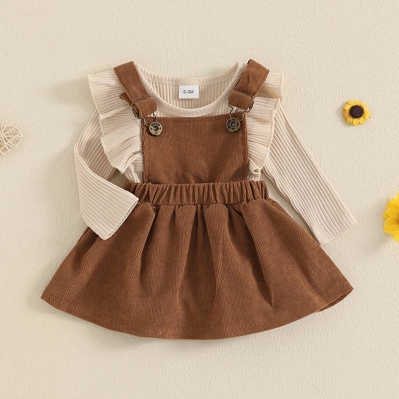 Conjunto Bebê Menina | Body Canelado Manga Longa + Sainha Corduroy Outono/Inverno 3M–18 Meses