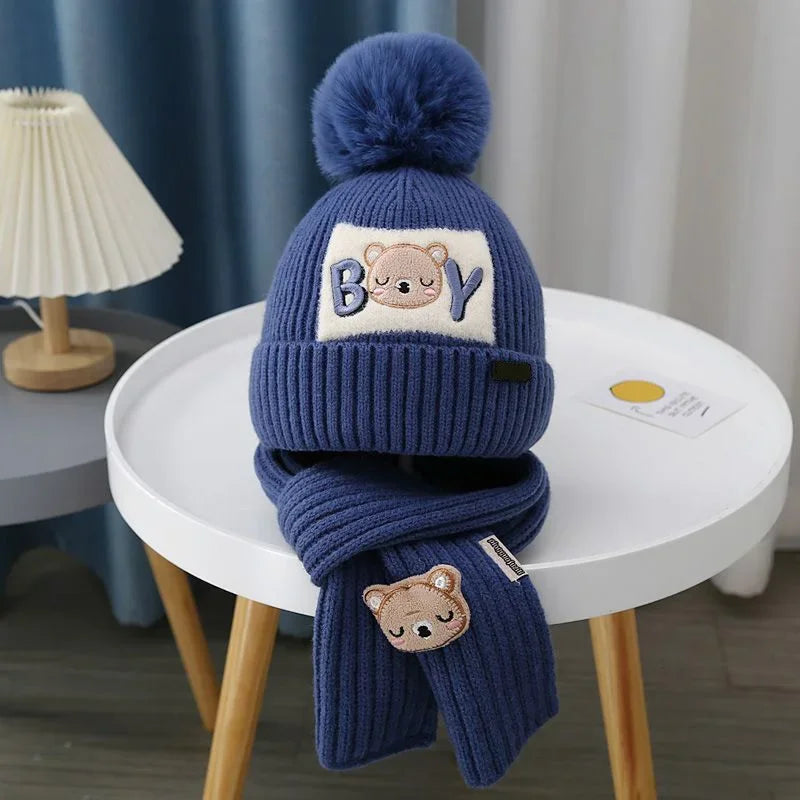 Kit Gorro + Cachecol Bebê Teddy Bear | Tricô com Pompom Cartoon Inverno 0–4 Anos