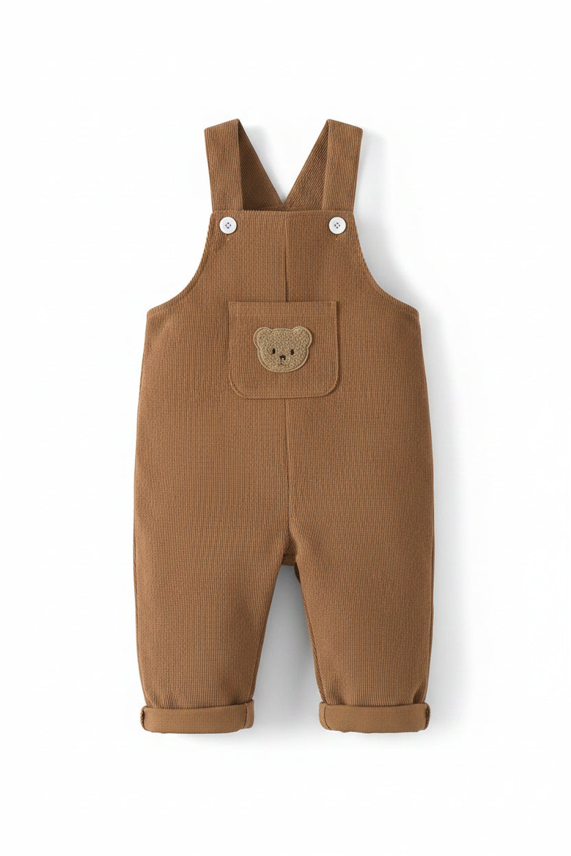 Jardineira Bebê Menino Padrão Urso | Veludo Cotelê com Bolso 6M–3 Anos