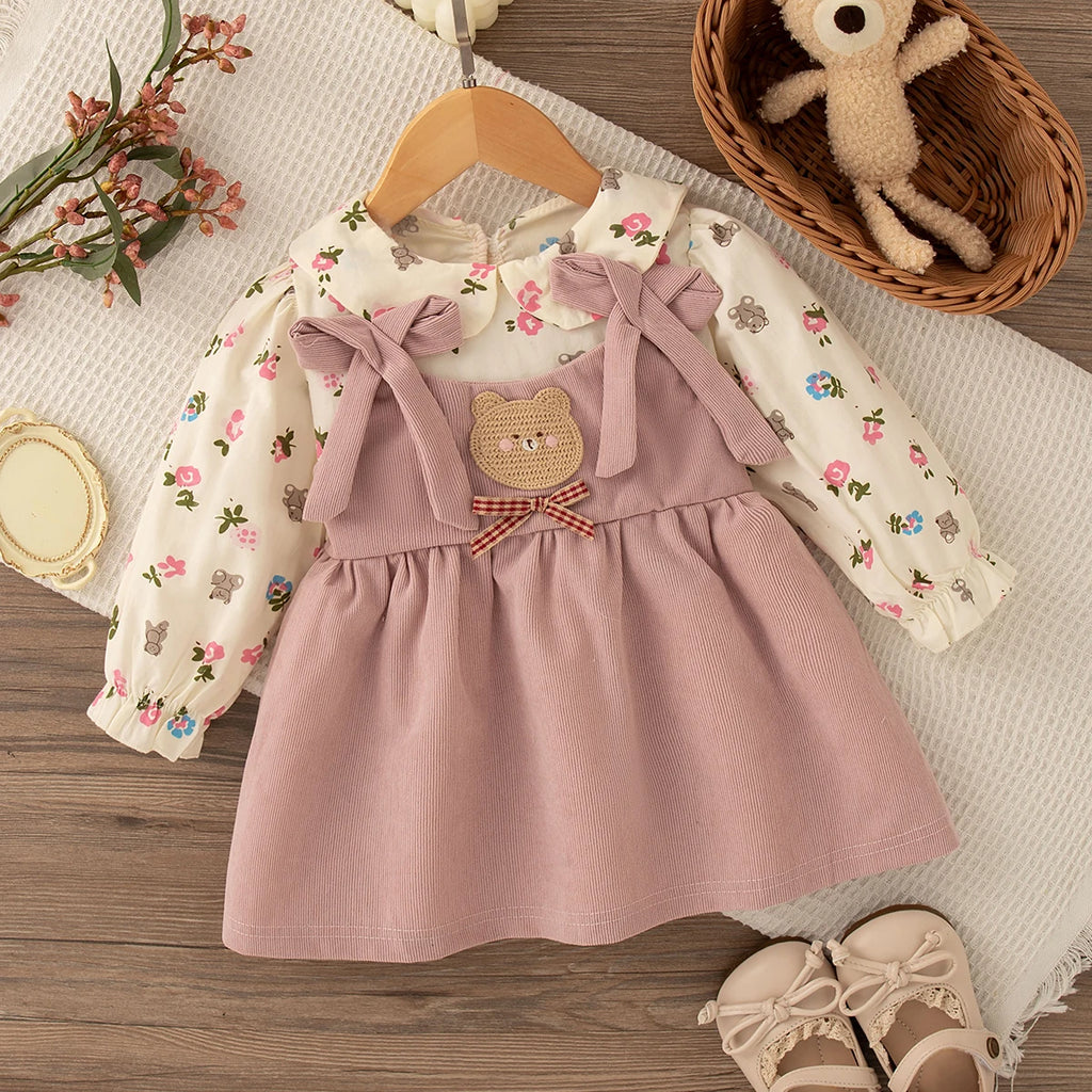 Vestido Infantil Menina Floral com Laço | Manga Longa 9M–4 Anos