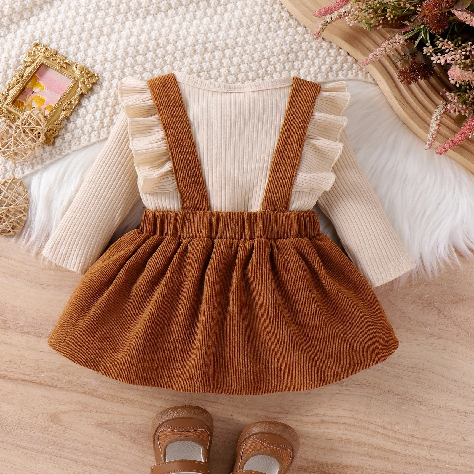 Conjunto 2 Peças Bebê Menina | Blusa Manga Longa + Saia com Alça 0–18 Meses