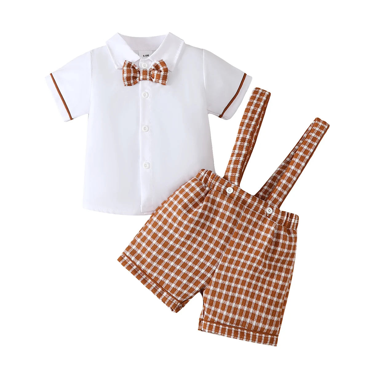 Conjunto 2 Peças Bebê Menino Formal | Camisa Branca + Short Suspensório Xadrez 6M–2 Anos