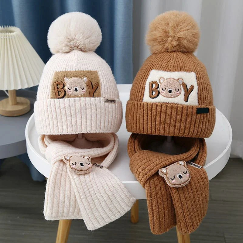 Kit Gorro + Cachecol Bebê Teddy Bear | Tricô com Pompom Cartoon Inverno 0–4 Anos