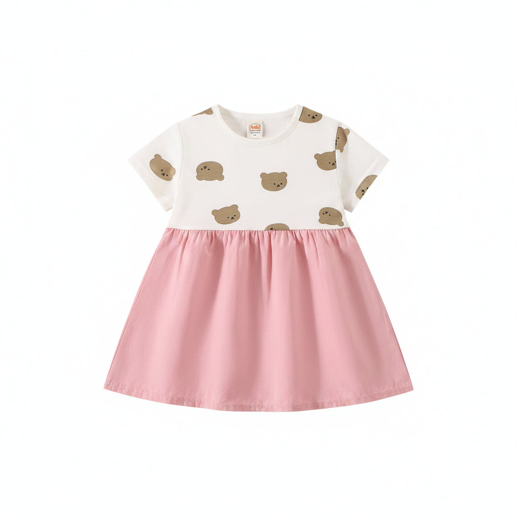 Vestido Bebê Menina Estampa Teddy Bear | Falso 2 Peças com Alça 6M–2 Anos