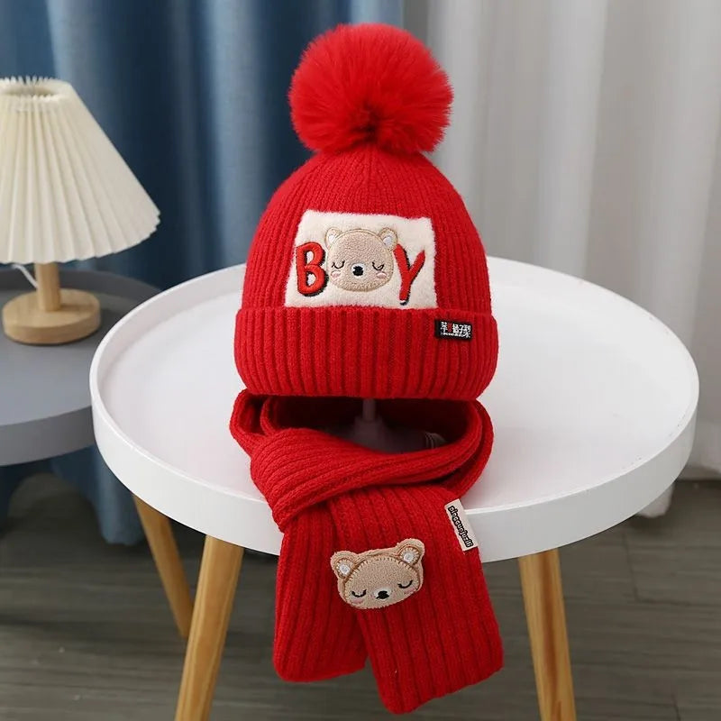 Kit Gorro + Cachecol Bebê Teddy Bear | Tricô com Pompom Cartoon Inverno 0–4 Anos