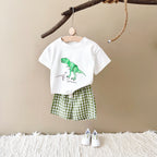 Conjunto Bebê Dinossauro | Camiseta + Shorts Xadrez Unissex 6M-3 Anos