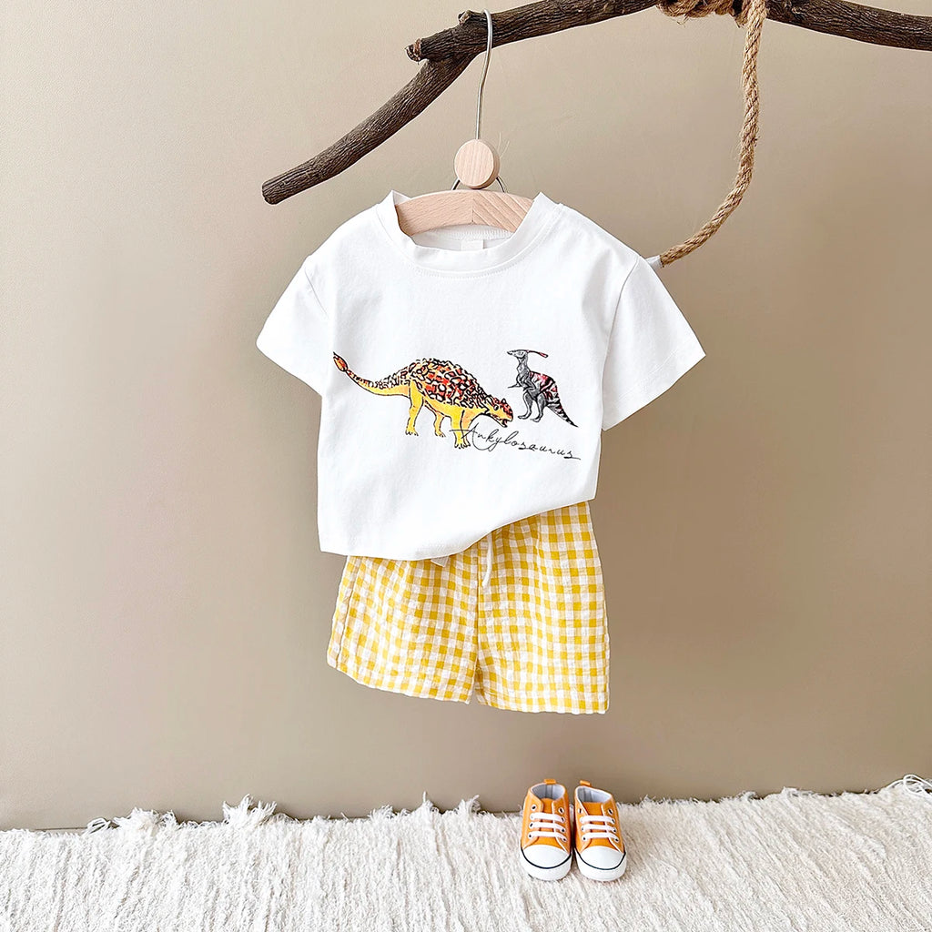 Conjunto Bebê Dinossauro | Camiseta + Shorts Xadrez Unissex 6M-3 Anos