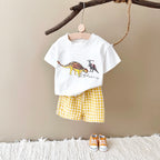 Conjunto Bebê Dinossauro | Camiseta + Shorts Xadrez Unissex 6M-3 Anos