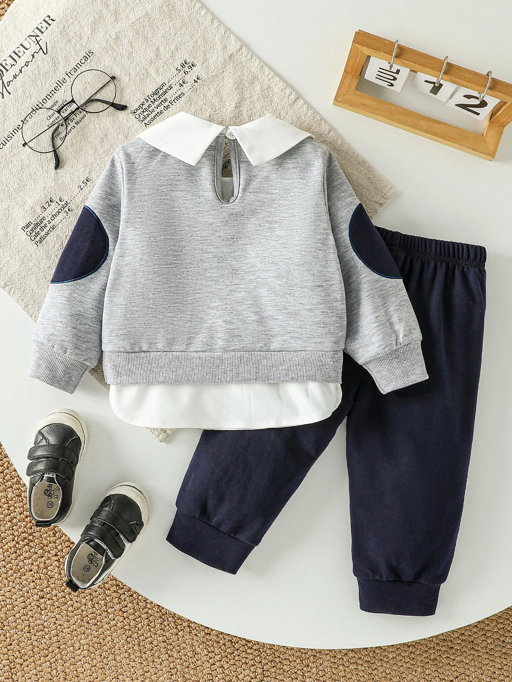 Conjunto 2 Peças Bebê Menino Teddy Bear | Moletom Gola Polo Urso Cartoon + Calça Lisa Outono 3M–2 Anos