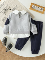 Conjunto 2 Peças Bebê Menino Teddy Bear | Moletom Gola Polo Urso Cartoon + Calça Lisa Outono 3M–2 Anos