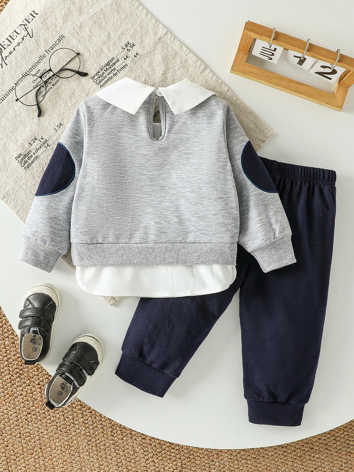 Conjunto 2 Peças Bebê Menino Teddy Bear | Moletom Gola Polo Urso Cartoon + Calça Lisa Outono 3M–2 Anos