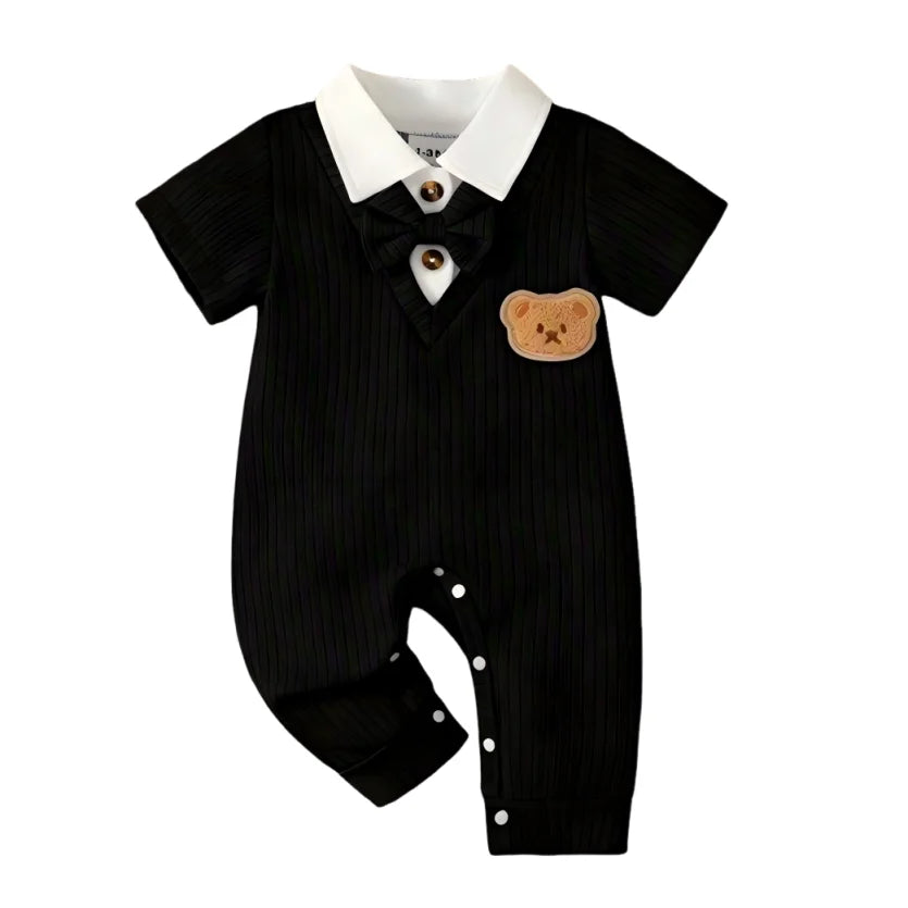 Macacão Bebê Menino Gentleman Urso | Manga Curta Gravata Borboleta 0–18 Meses
