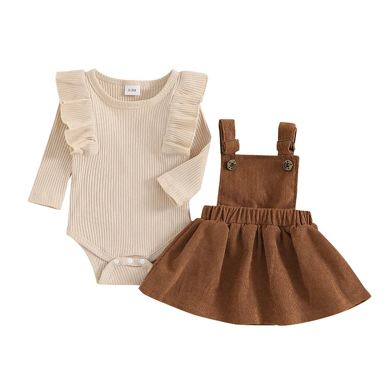 Conjunto Bebê Menina | Body Canelado Manga Longa + Sainha Corduroy Outono/Inverno 3M–18 Meses