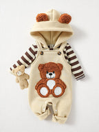 Conjunto 2 Peças Bebê Menino | Moletom Listrado com Capuz + Jardineira Bordado Urso 0–2 Anos
