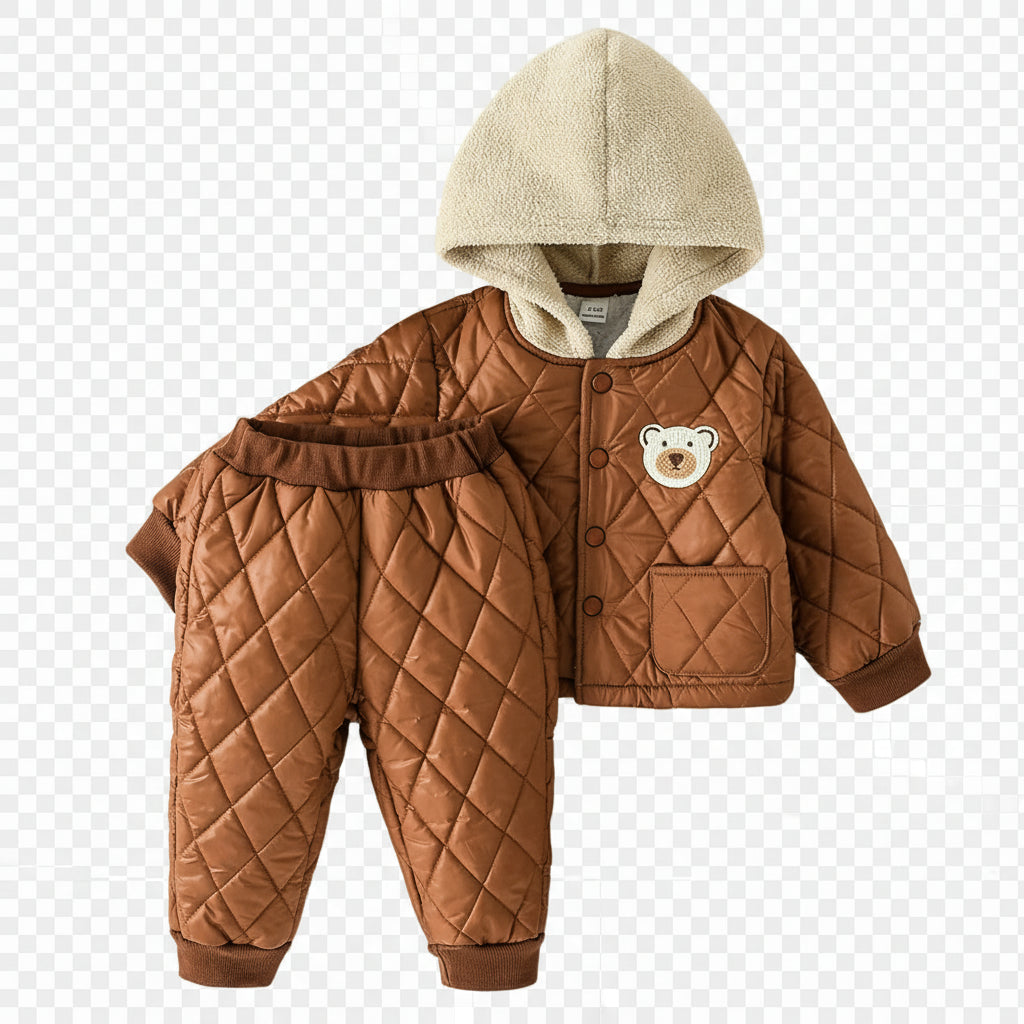 Conjunto 2 Peças Bebê Menino Teddy Bear | Jaqueta Capuz + Calça Fleece Inverno 3M–3 Anos