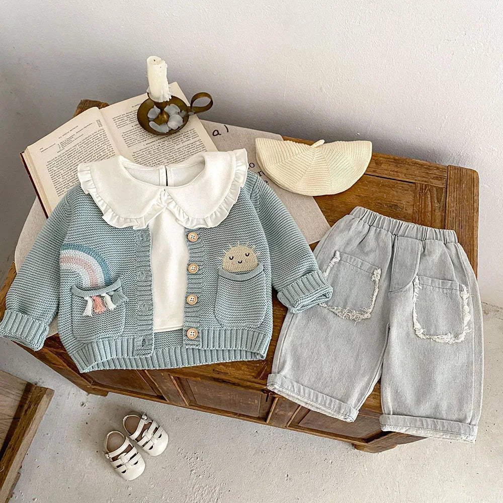 Cardigan Tricô Infantil Bordado Arco-Íris | Meninas 0–3 Anos