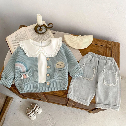 Cardigan Tricô Infantil Bordado Arco-Íris | Meninas 0–3 Anos