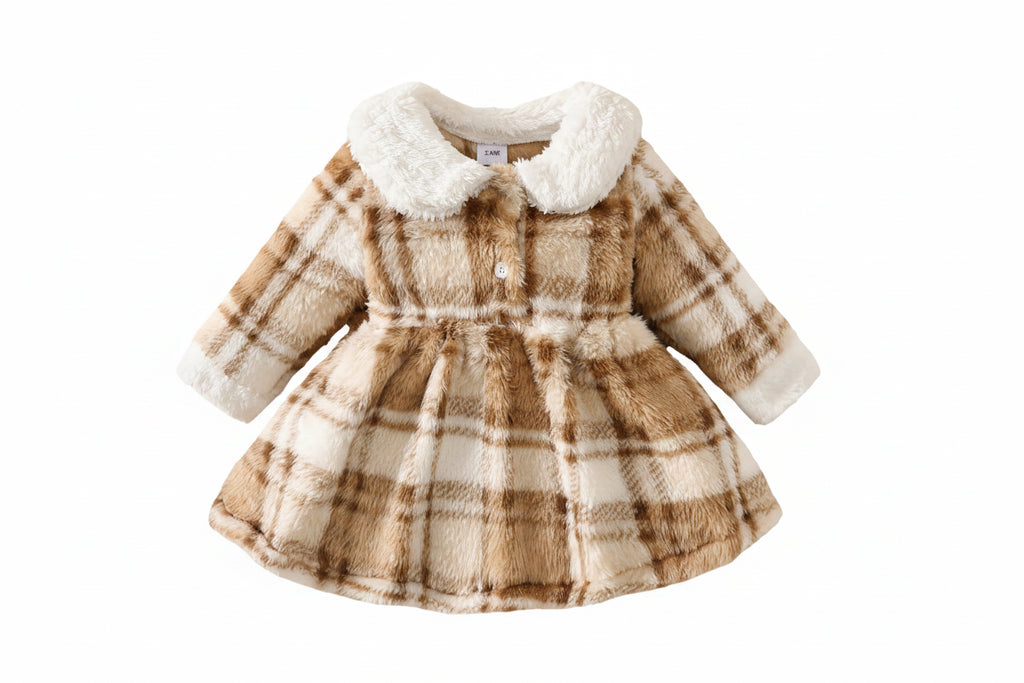 Vestido Bebê Menina Inverno | Pelúcia Xadrez Gola Peter Pan Natal 0M–18 Meses