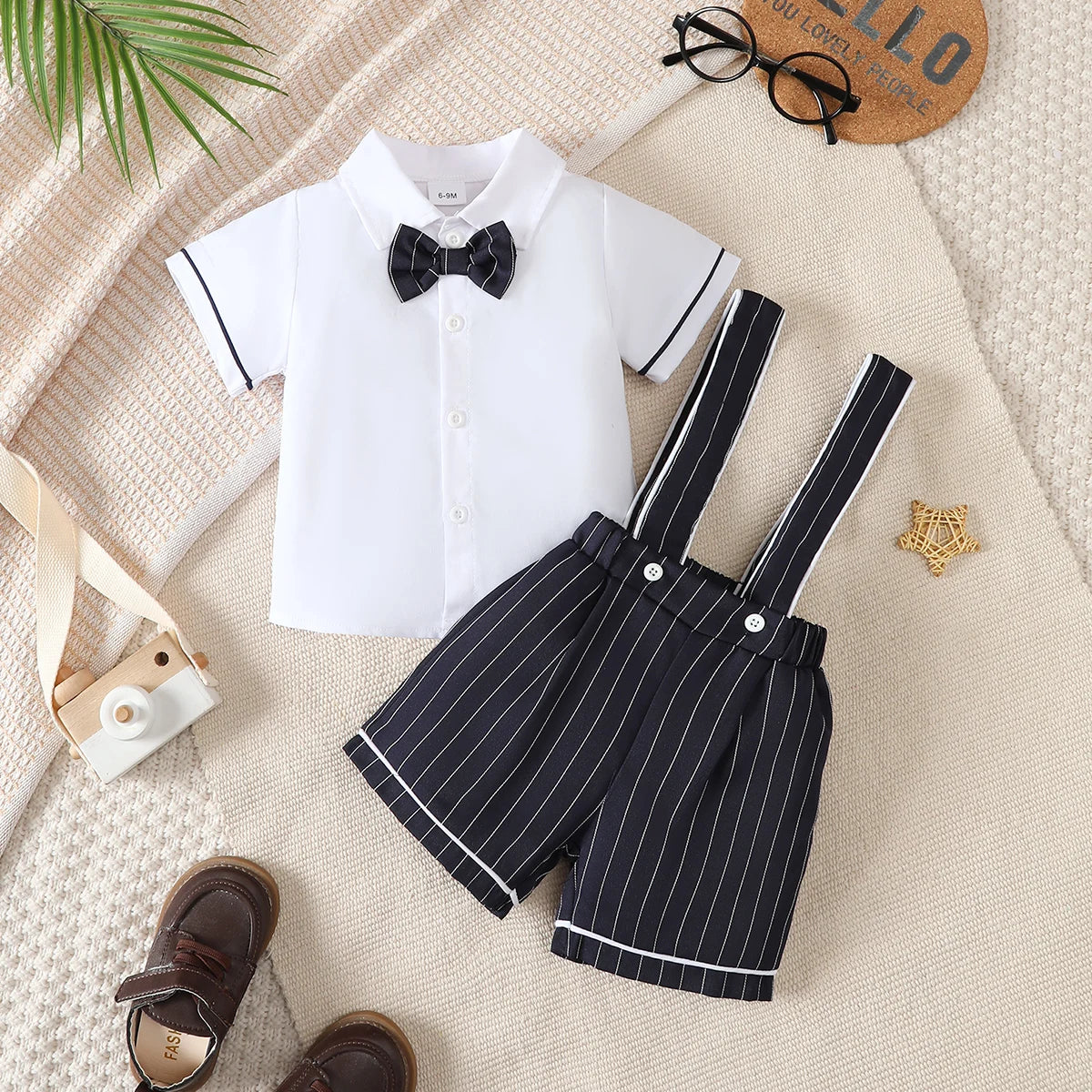 Conjunto 2 Peças Bebê Menino Formal | Camisa Branca + Short Suspensório Xadrez 6M–2 Anos