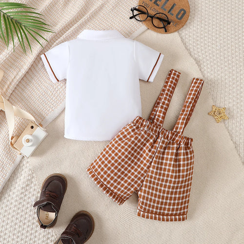 Conjunto 2 Peças Bebê Menino Formal | Camisa Branca + Short Suspensório Xadrez 6M–2 Anos