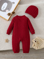Conjunto Bebê Menino Inverno | Macacão Vermelho Emblema Urso + Touca 0–18 Meses