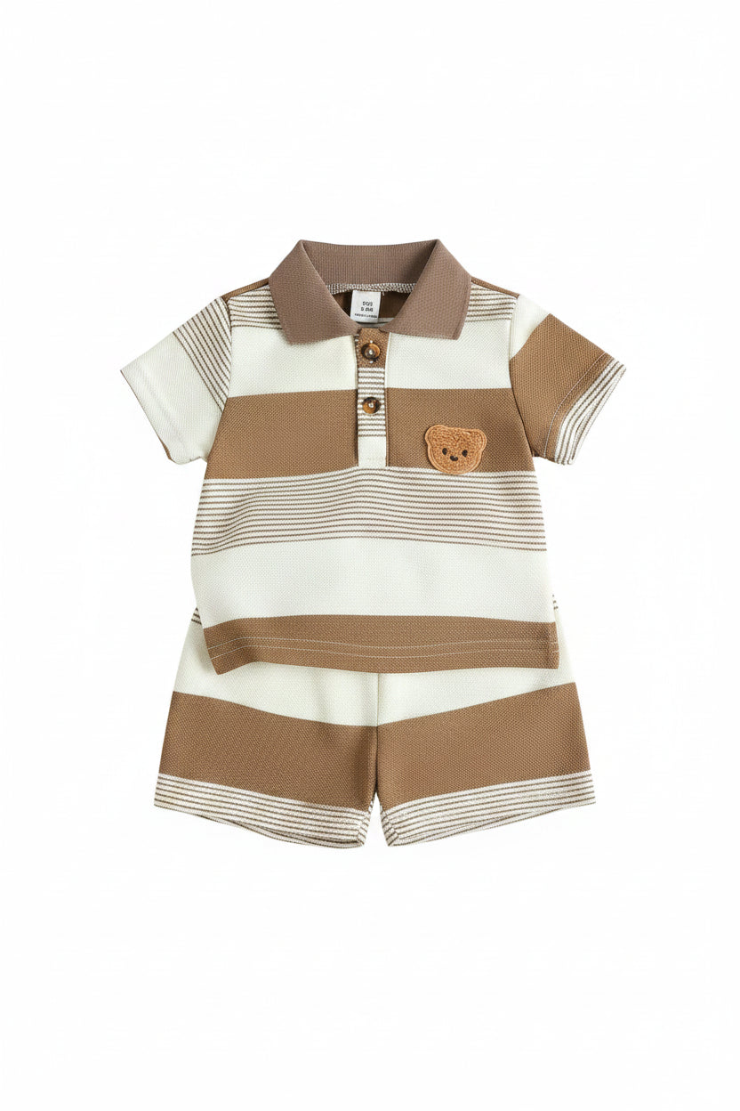 Conjunto 2 Peças Bebê Menino Teddy Bear | Camiseta Listrada + Shorts Casual 3M–3 Anos