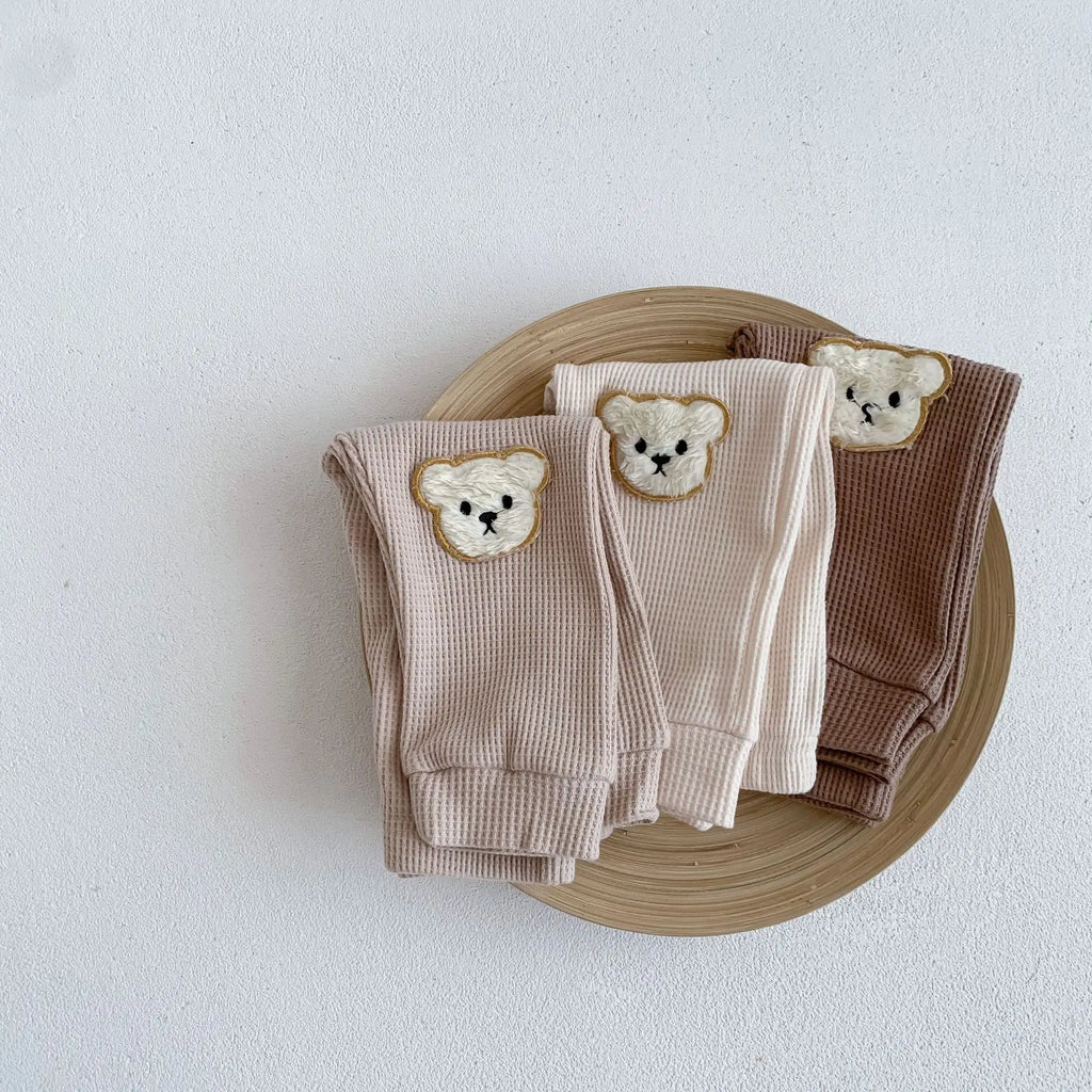 Calça Bebê Harem Waffle Teddy Bear | Estampa Urso Algodão Elástico 0–2 Anos