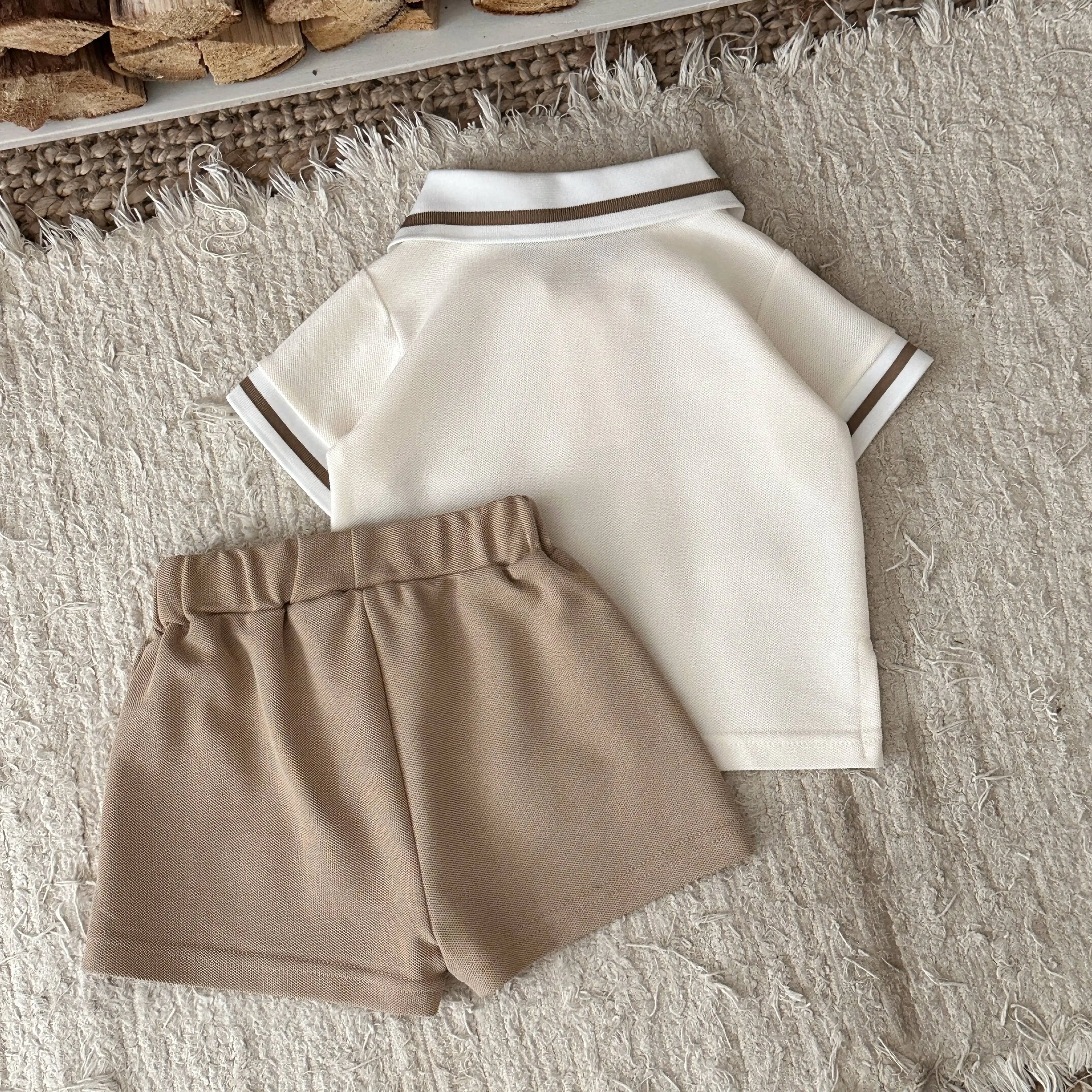 Conjunto 2 Peças Bebê Unissex Teddy Bear | Camiseta Listrada Urso + Shorts Algodão Verão 6M–2 Anos