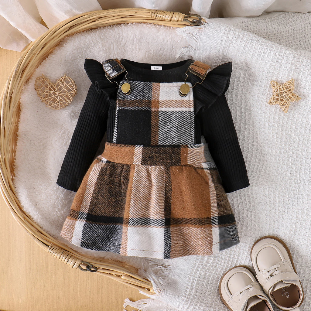Conjunto 2 Peças Bebê Menina | Blusa + Saia Xadrez com Alça 0–18 Meses