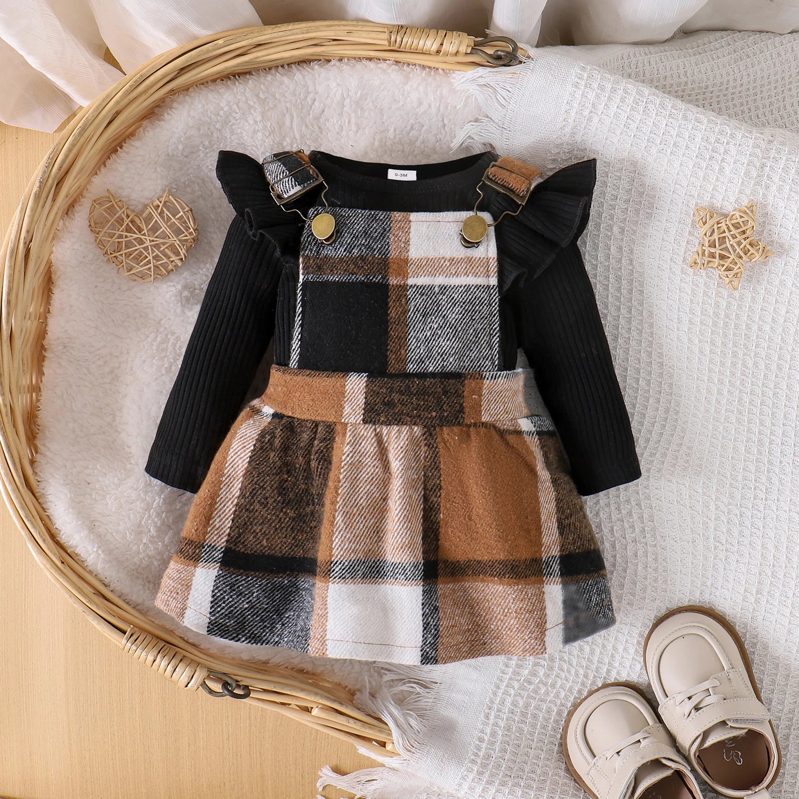 Conjunto 2 Peças Bebê Menina | Blusa + Saia Xadrez com Alça 0–18 Meses