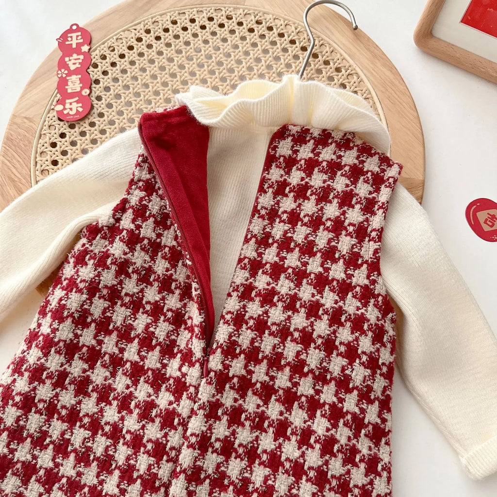Conjunto Vestido Xadrez Infantil | Suéter Tricô + Vestido de Festa Meninas 6M–5 Anos