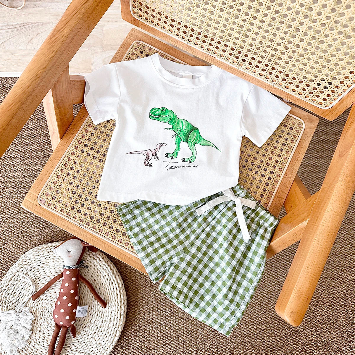 Conjunto Bebê Dinossauro | Camiseta + Shorts Xadrez Unissex 6M-3 Anos