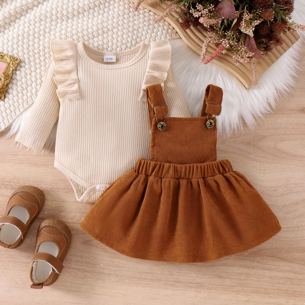 Conjunto 2 Peças Bebê Menina | Blusa Manga Longa + Saia com Alça 0–18 Meses