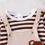 Conjunto Bebê 2 Peças ma&baby | Top Listrado Manga Longa + Jardineira Bordado Urso 0–18 Meses