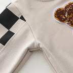 Conjunto 2 Peças Bebê Teddy Bear | Xadrez Bordado Urso Manga Longa Outono 6M–3 Anos