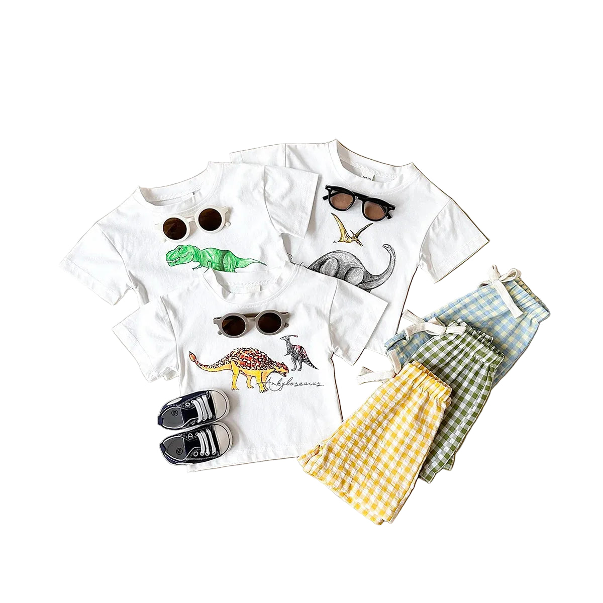 Conjunto Bebê Dinossauro | Camiseta + Shorts Xadrez Unissex 6M-3 Anos