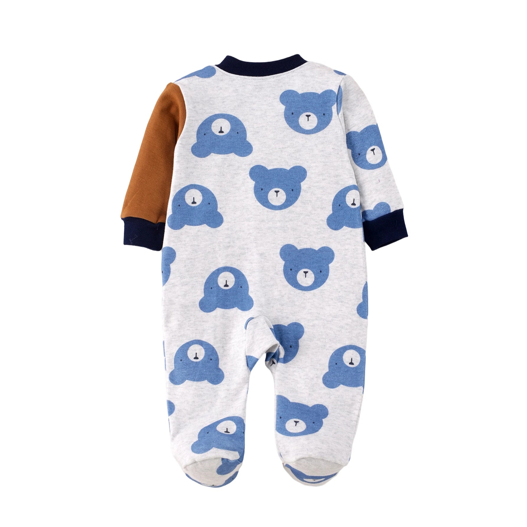 Macacão com Pé Bebê Menino Teddy Bear | Bordado Urso Azul Zíper Bloco de Cores 3–9 Meses