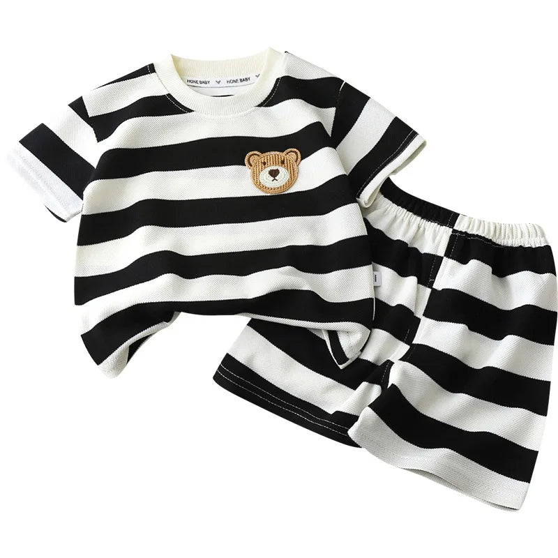Conjunto 2 Peças Bebê Unissex Teddy Bear | Camiseta Listrada + Shorts Algodão Verão 6M–5 Anos