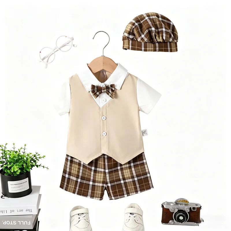 Conjunto 3 Peças Bebê Menino Gentleman | Camisa + Colete + Short Xadrez + Boina 9M–3 Anos