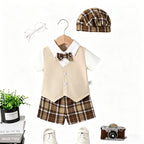 Conjunto 3 Peças Bebê Menino Gentleman | Camisa + Colete + Short Xadrez + Boina 9M–3 Anos
