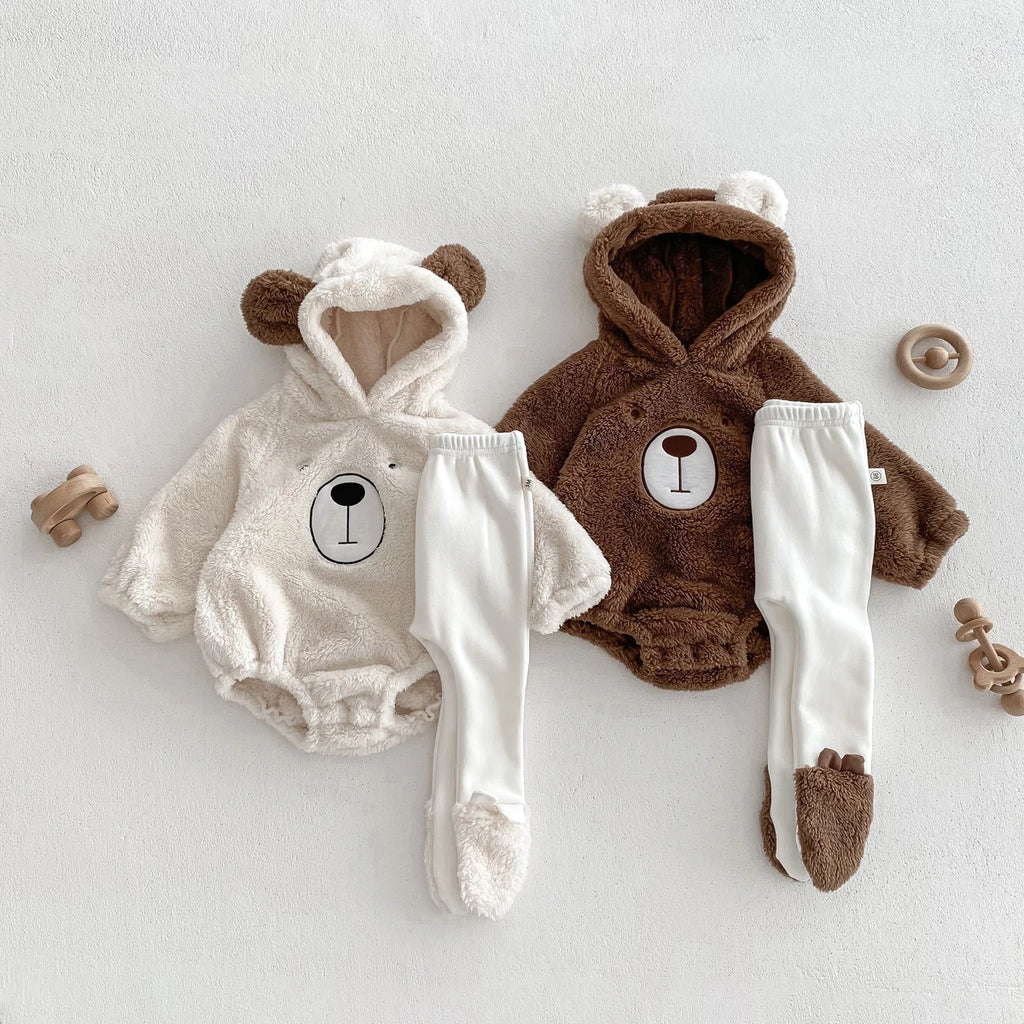 Macacão Bebê Inverno com Orelhinhas de Urso | Plush com Capuz Versão Coreana 0–12 Meses