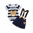Conjunto 2 Peças Bebê Menino Urso | Body Listrado + Jardineira 0–18 Meses