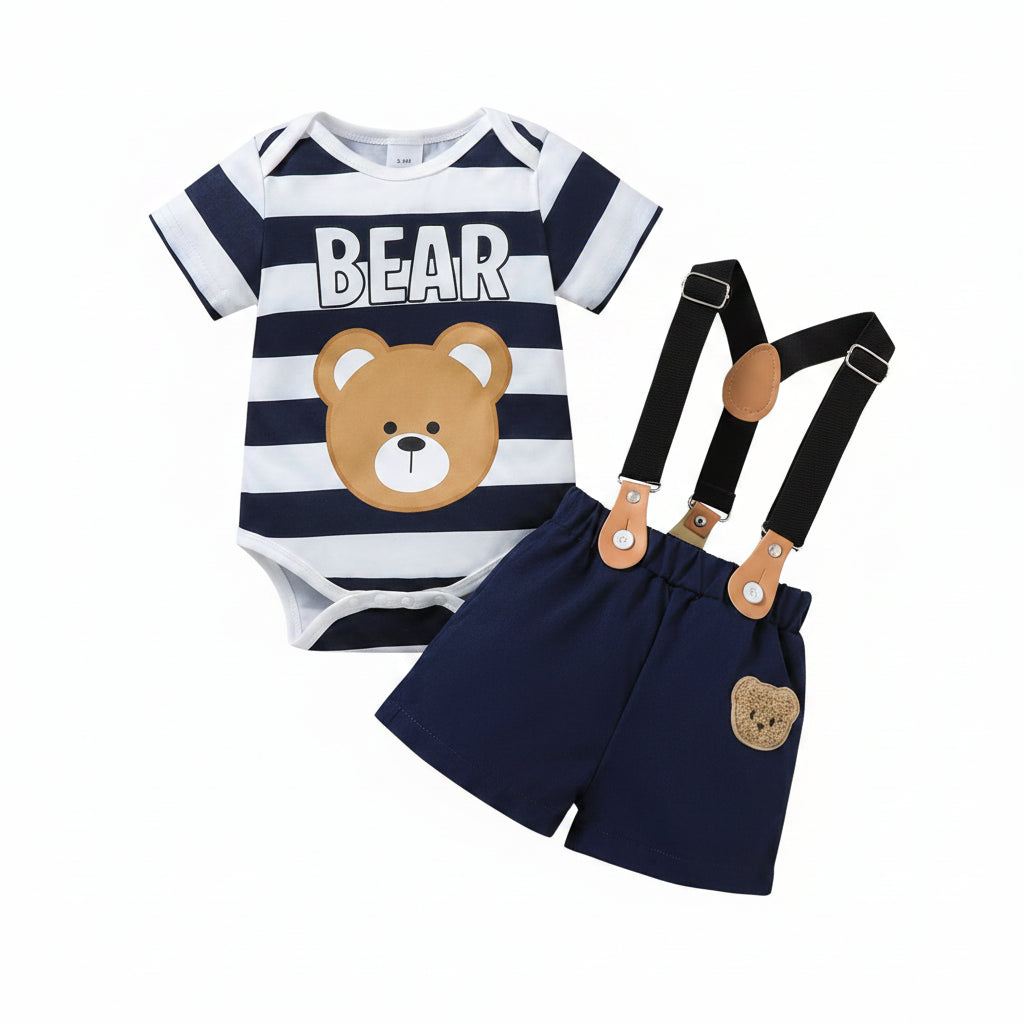 Conjunto 2 Peças Bebê Menino Urso | Body Listrado + Jardineira 0–18 Meses
