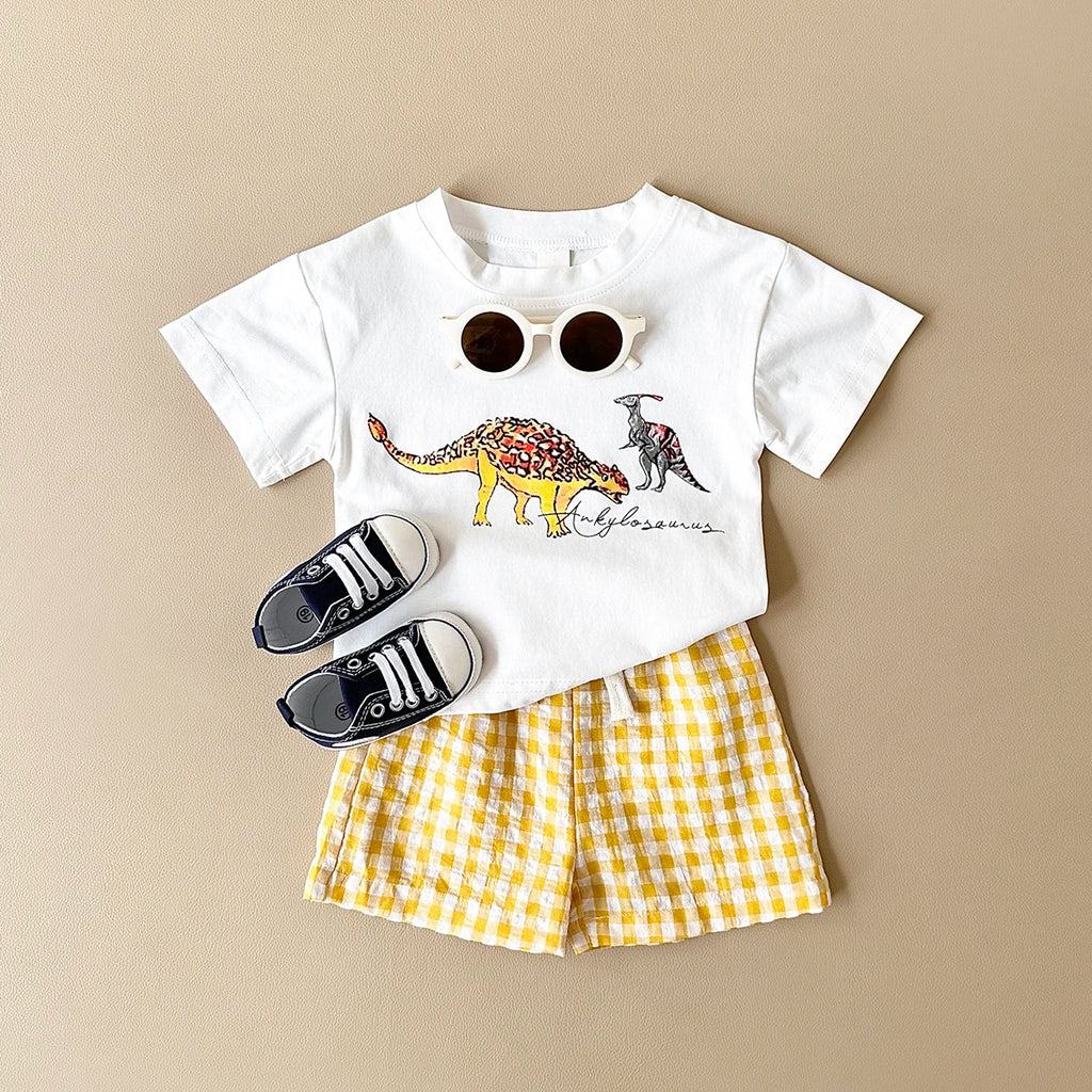 Conjunto Bebê Dinossauro | Camiseta + Shorts Xadrez Unissex 6M-3 Anos