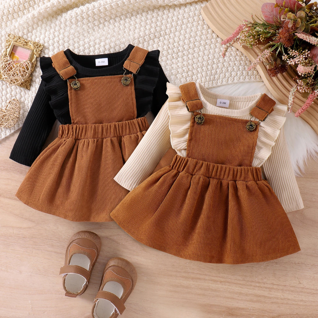 Conjunto 2 Peças Bebê Menina | Blusa Manga Longa + Saia com Alça 0–18 Meses