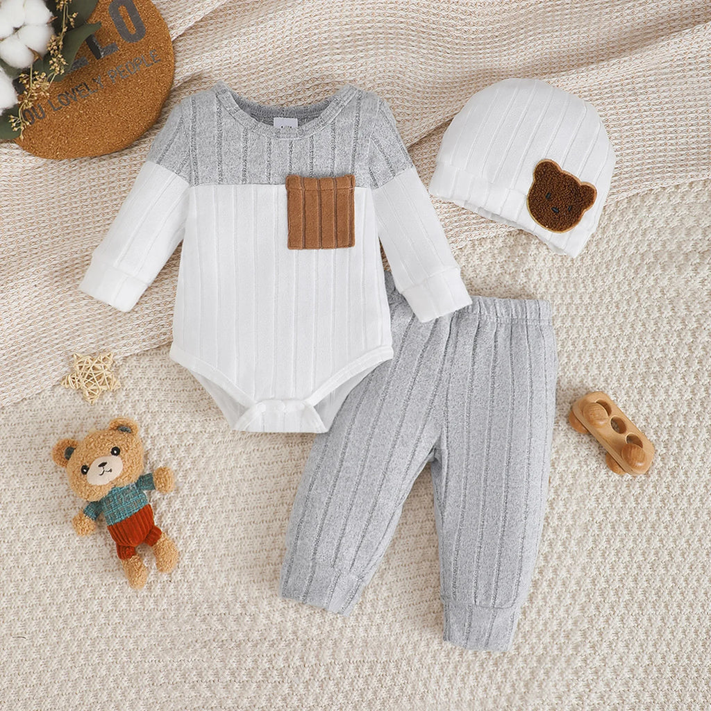 Kit 3 Peças Bebê Menino | Body + Calça + Gorro 0–18 Meses