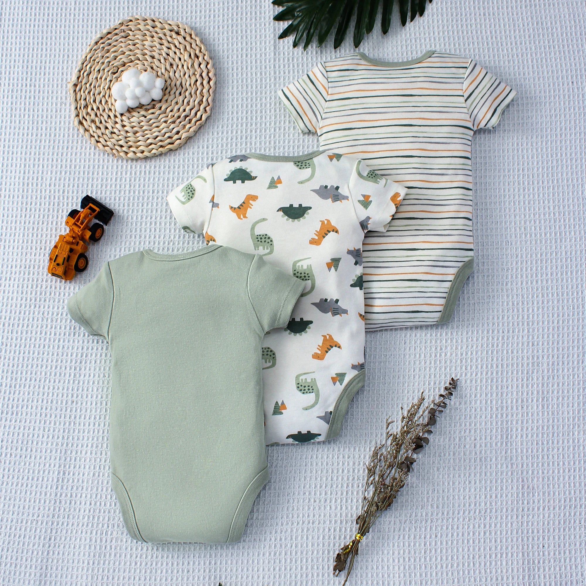 Conjunto 3 Peças Bebê Menino Dinossauro e Listras | Body Verão 3-9 Meses