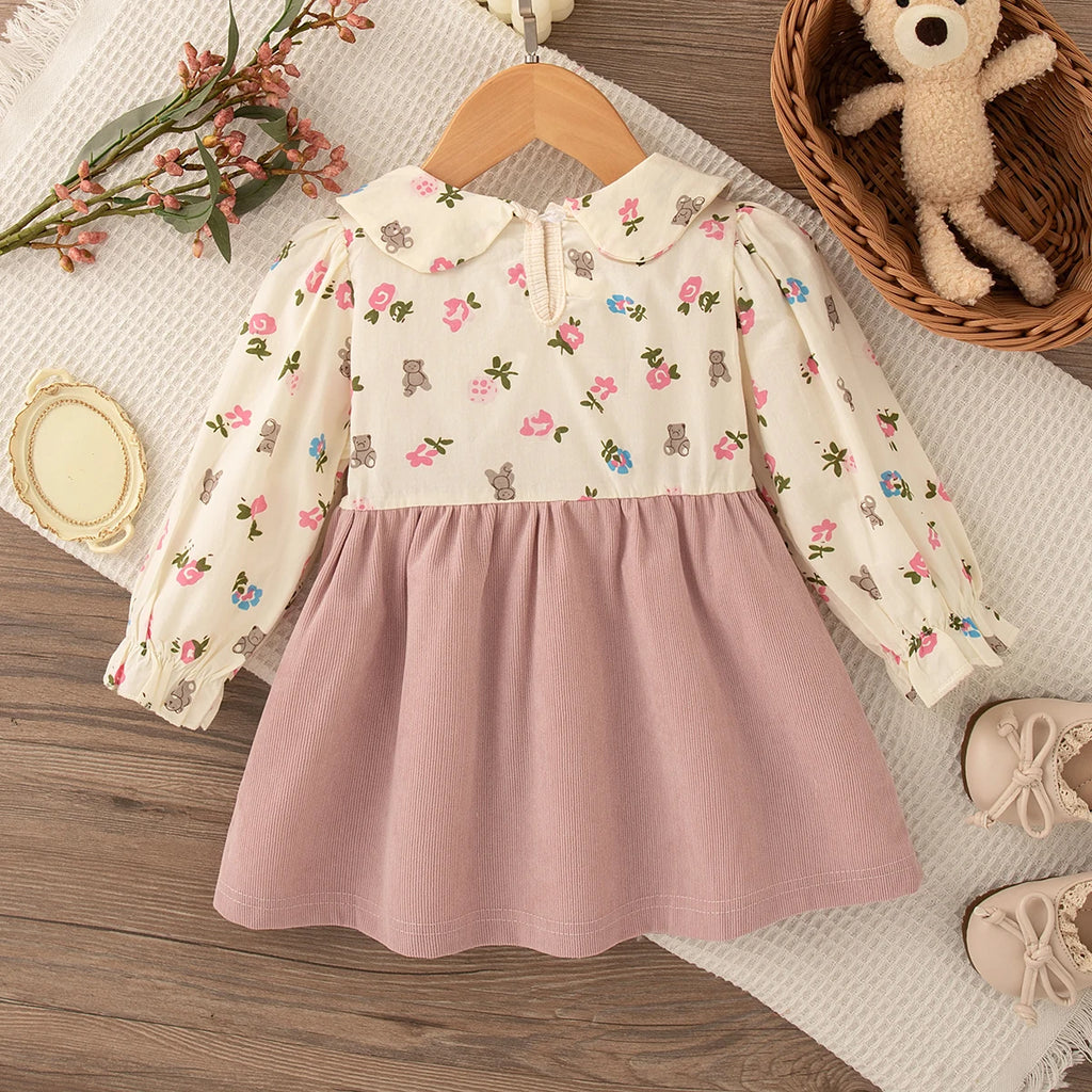 Vestido Infantil Menina Floral com Laço | Manga Longa 9M–4 Anos