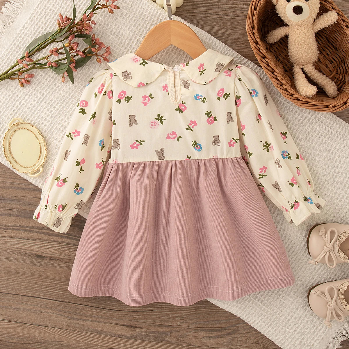 Vestido Infantil Menina Floral com Laço | Manga Longa 9M–4 Anos