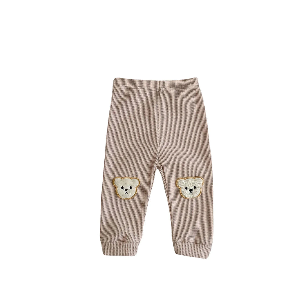 Calça Bebê Harem Waffle Teddy Bear | Estampa Urso Algodão Elástico 0–2 Anos